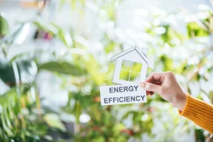 woman holds a piece of paper in the shape of a house with words energy efficiency